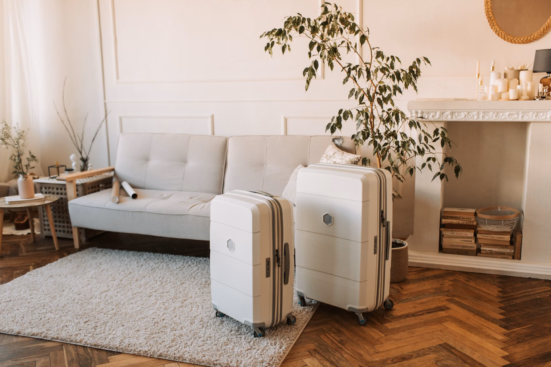 Clean living room with packed suitcases ready for moving day